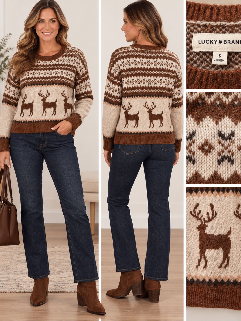 Lucky Brand Womens S Fair Isle Reindeer Sweater Brown Cream Nordic Holiday Knit